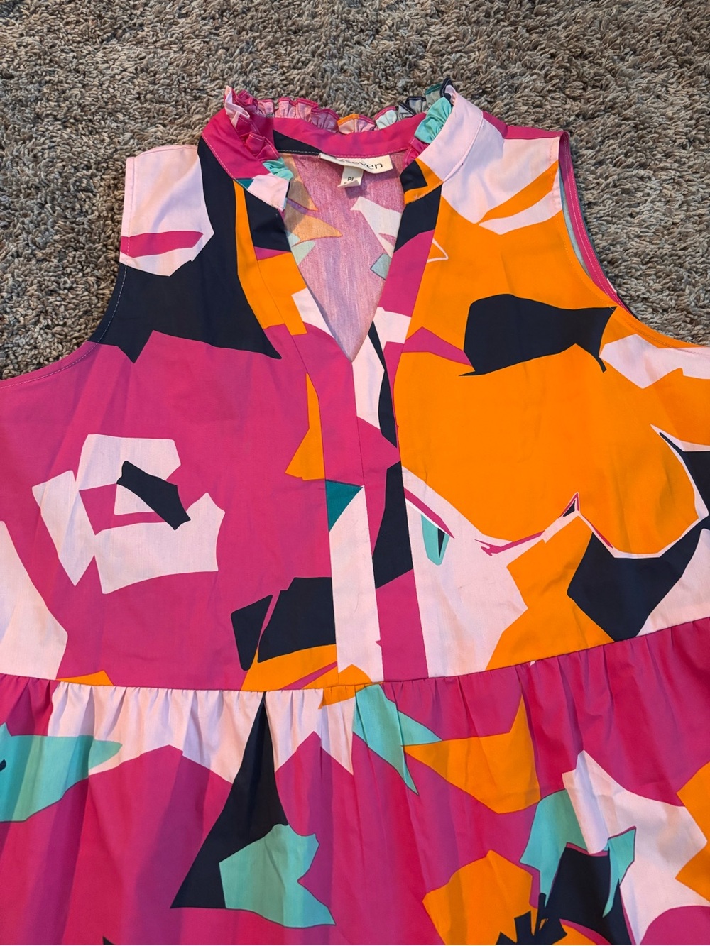 Abstract Pop Art Tiered Mini Dress | Bright Pink Orange Retro Resortcore Size PL - Picture 5 of 10